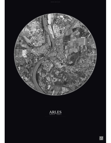Affiche Arles – Poster vue satellite 5km N&B | Gravura – Fond foncé