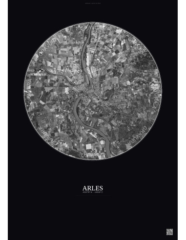 Arles Satellite View Poster 10km B&W | Gravura – Dark background