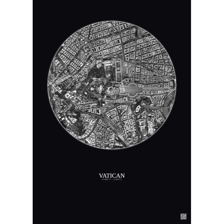 Vatican Satellite View Poster 1km B&W | Gravura – Dark background