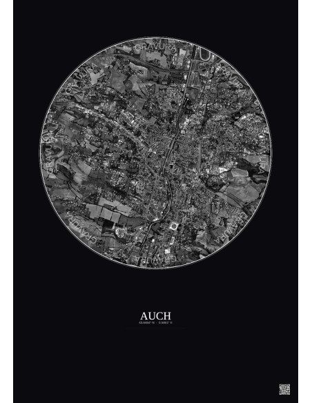 Auch Satellite View Poster 2.5km B&W | Gravura – Dark background
