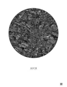Affiche Auch – Poster vue satellite 2.5km N&B | Gravura – Fond clair