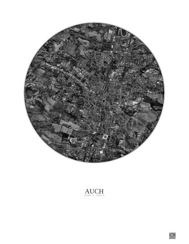 Affiche Auch – Poster vue satellite 2.5km N&B | Gravura – Fond clair