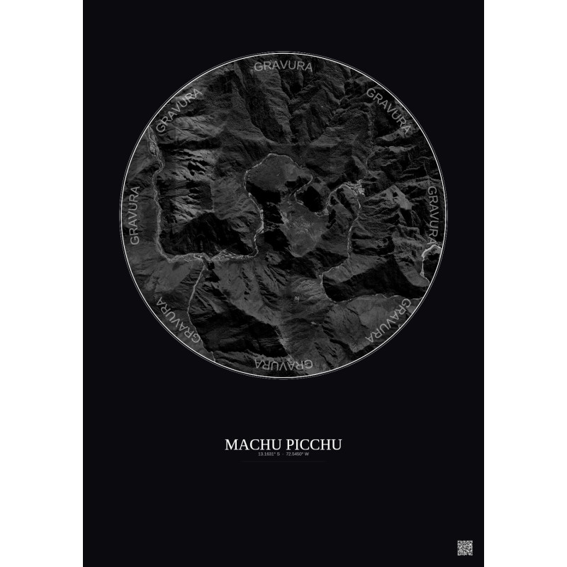 Affiche Machu Picchu – Poster vue satellite 5km N&B | Gravura – Fond foncé
