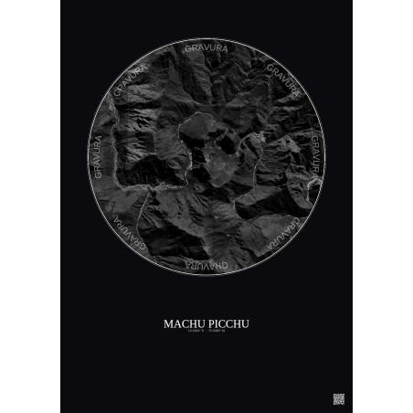 Affiche Machu Picchu – Poster vue satellite 5km N&B | Gravura – Fond foncé