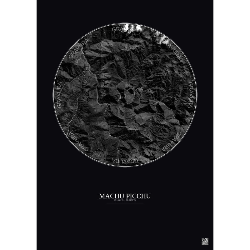 Affiche Machu Picchu – Poster vue satellite 10km N&B | Gravura – Fond foncé