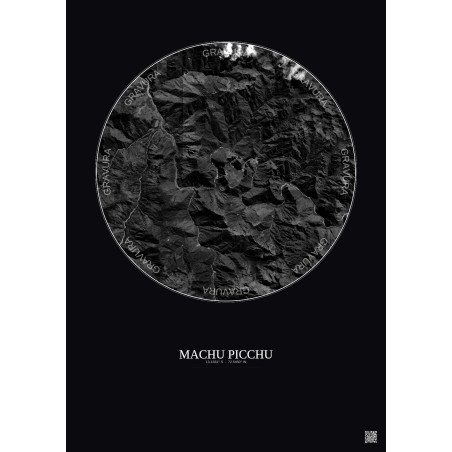 Affiche Machu Picchu – Poster vue satellite 10km N&B | Gravura – Fond foncé