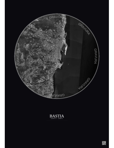 Affiche Bastia – Poster vue satellite 2.5km N&B | Gravura – Fond foncé