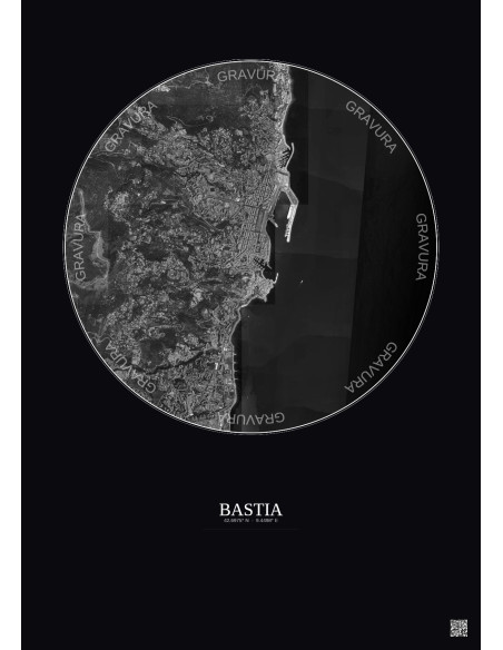 Affiche Bastia – Poster vue satellite 2.5km N&B | Gravura – Fond foncé