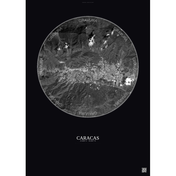 Affiche Caracas – Poster vue satellite 10km N&B | Gravura – Fond foncé