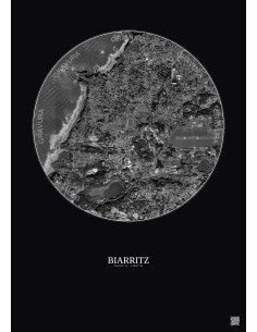Affiche Biarritz – Poster vue satellite 2.5km N&B | Gravura – Fond foncé