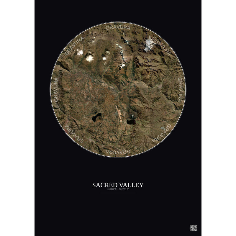 Affiche Sacred Valley – Poster vue satellite 20km Couleur | Gravura – Fond foncé