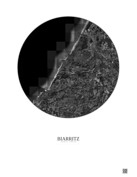 Affiche Biarritz – Poster vue satellite 10km N&B | Gravura – Fond clair