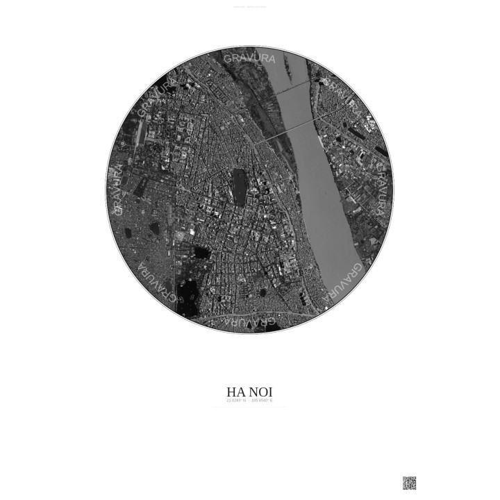 Affiche Ha Noi – Poster vue satellite 2.5km N&B | Gravura – Fond clair