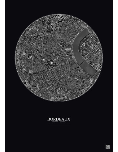 Bordeaux Satellite View Poster 2.5km B&W | Gravura – Dark background