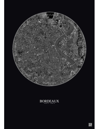 Bordeaux Satellite View Poster 5km B&W | Gravura – Dark background