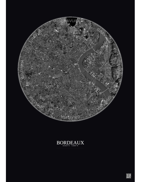 Bordeaux Satellite View Poster 5km B&W | Gravura – Dark background