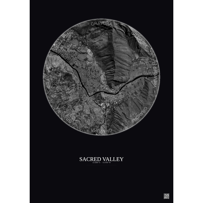 Affiche Sacred Valley – Poster vue satellite 2.5km N&B | Gravura – Fond foncé