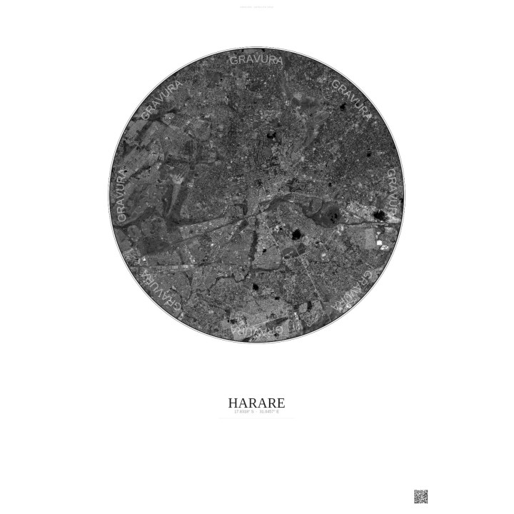 Affiche Harare – Poster vue satellite 10km N&B | Gravura – Fond clair