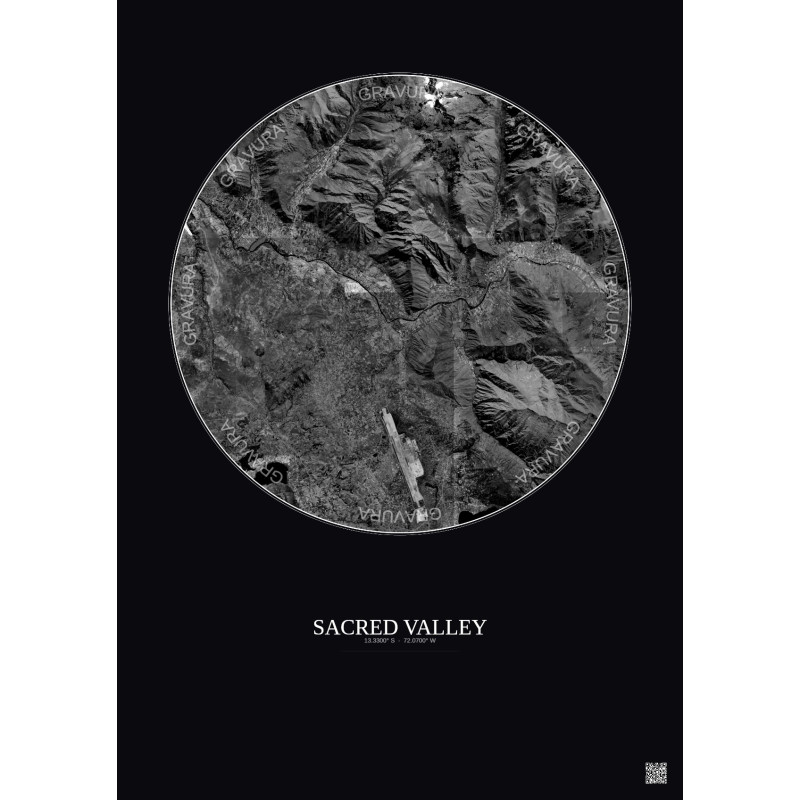 Affiche Sacred Valley – Poster vue satellite 10km N&B | Gravura – Fond foncé