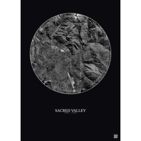 Affiche Sacred Valley – Poster vue satellite 10km N&B | Gravura – Fond foncé