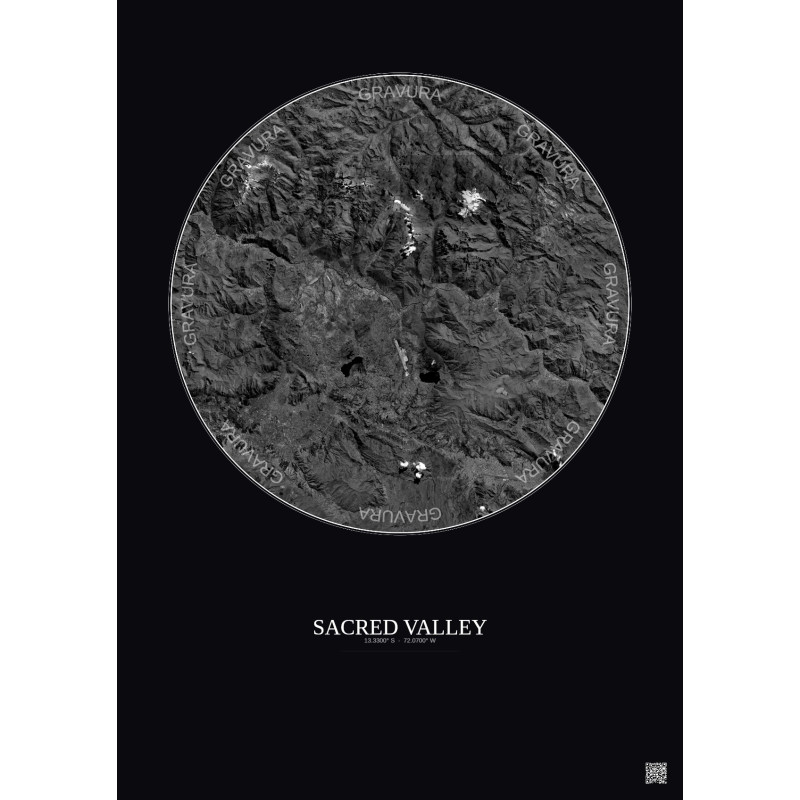 Affiche Sacred Valley – Poster vue satellite 30km N&B | Gravura – Fond foncé