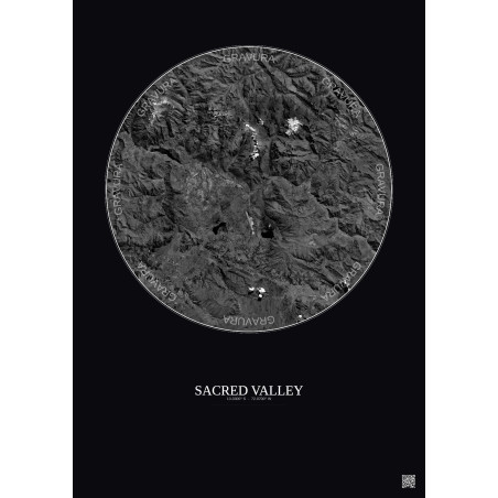 Affiche Sacred Valley – Poster vue satellite 30km N&B | Gravura – Fond foncé