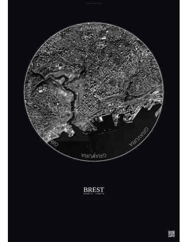 Brest Satellite View Poster 2.5km B&W | Gravura – Dark background