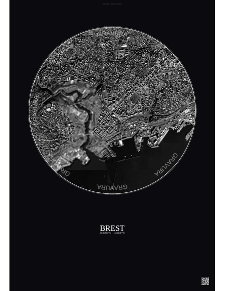 Brest Satellite View Poster 2.5km B&W | Gravura – Dark background
