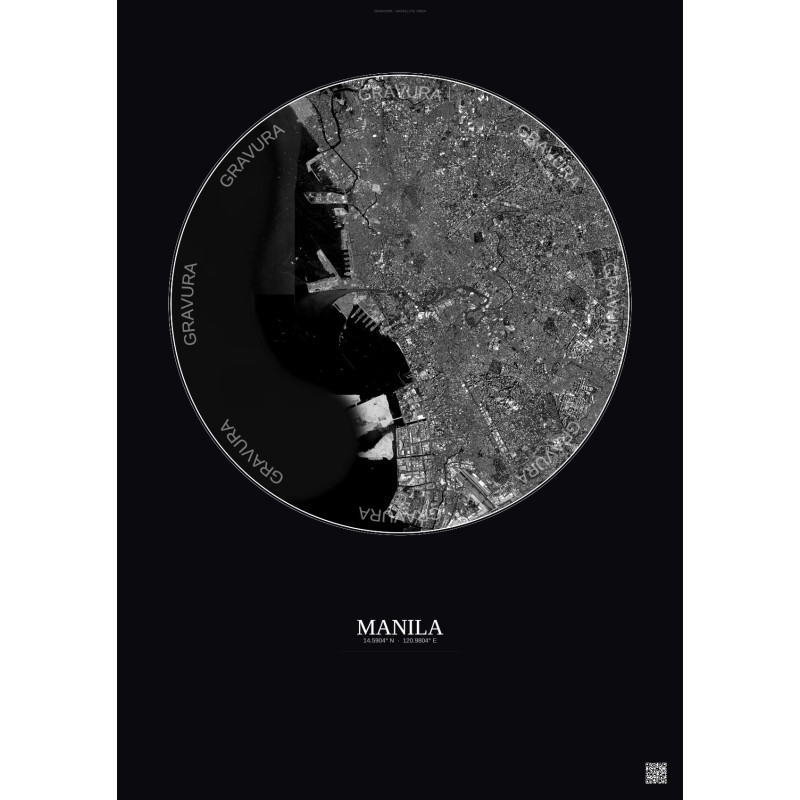 Affiche Manila – Poster vue satellite 10km N&B | Gravura – Fond foncé