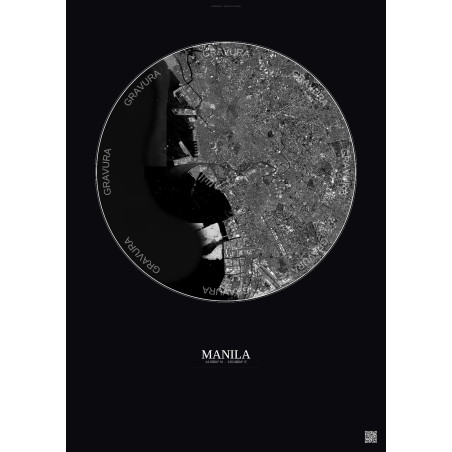 Affiche Manila – Poster vue satellite 10km N&B | Gravura – Fond foncé