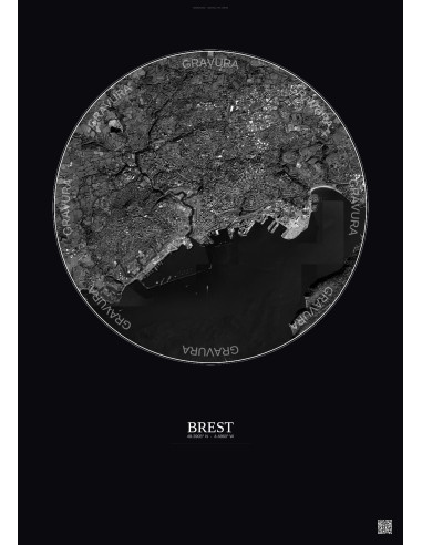 Brest Satellite View Poster 6km B&W | Gravura – Dark background