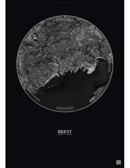 Brest Satellite View Poster 6km B&W | Gravura – Dark background