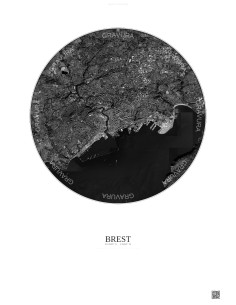 Brest Satellite View Poster 6km B&W | Gravura – Light background