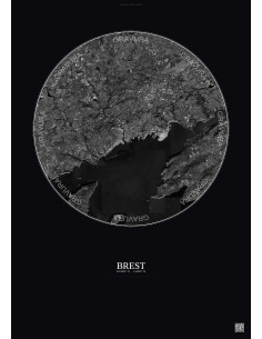 Brest Satellite View Poster 10km B&W | Gravura – Dark background