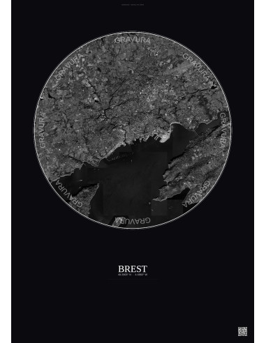 Brest Satellite View Poster 10km B&W | Gravura – Dark background