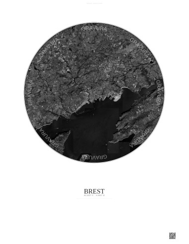 Affiche Brest – Poster vue satellite 10km N&B | Gravura – Fond clair