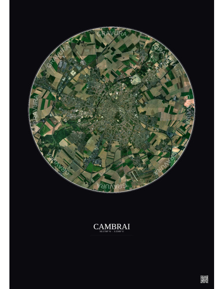 Affiche Cambrai – Poster vue satellite 5km Couleur | Gravura – Fond foncé