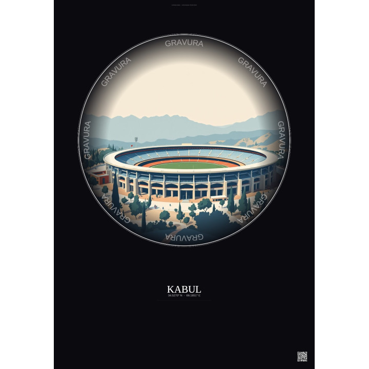 Affiche Kabul – Poster illustration vintage – Ghazi Stadium | Gravura – Fond foncé