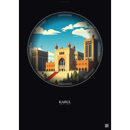 Affiche Kabul – Poster illustration vintage – Darul Aman Palace | Gravura – Fond foncé