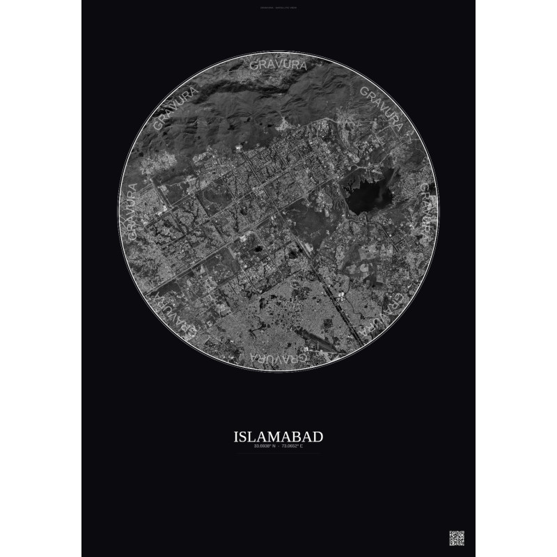 Affiche Islamabad – Poster vue satellite 10km N&B | Gravura – Fond foncé