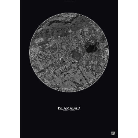 Affiche Islamabad – Poster vue satellite 10km N&B | Gravura – Fond foncé