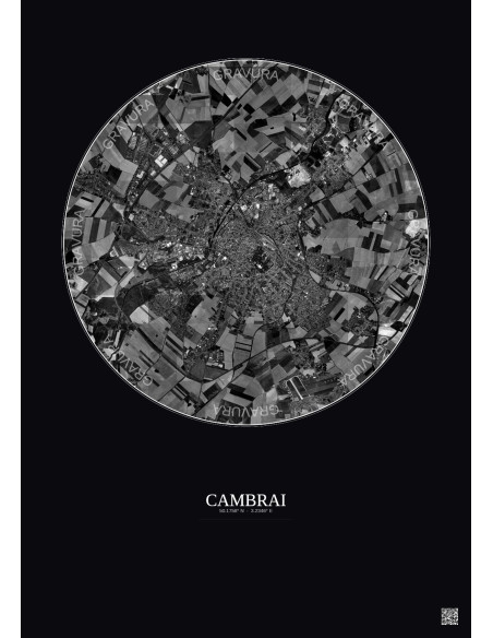 Affiche Cambrai – Poster vue satellite 5km N&B | Gravura – Fond foncé