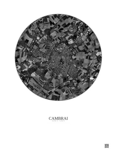 Affiche Cambrai – Poster vue satellite 5km N&B | Gravura – Fond clair