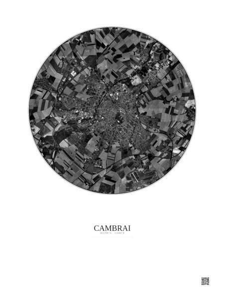 Affiche Cambrai – Poster vue satellite 5km N&B | Gravura – Fond clair
