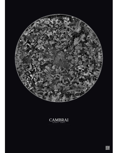 Cambrai Satellite View Poster 10km B&W | Gravura – Dark background