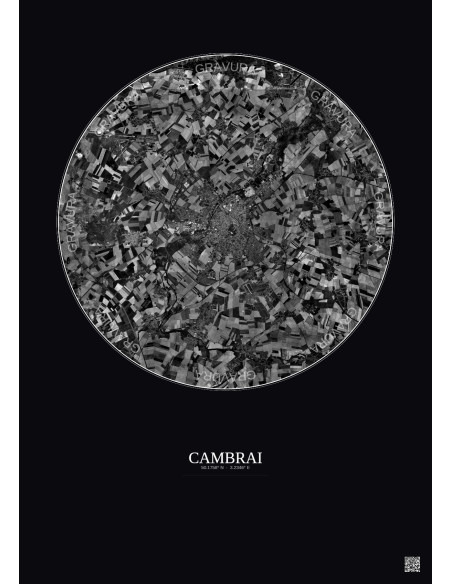 Cambrai Satellite View Poster 10km B&W | Gravura – Dark background