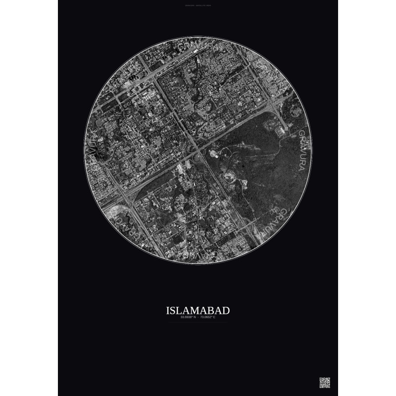 Affiche Islamabad – Poster vue satellite 2.5km N&B | Gravura – Fond foncé