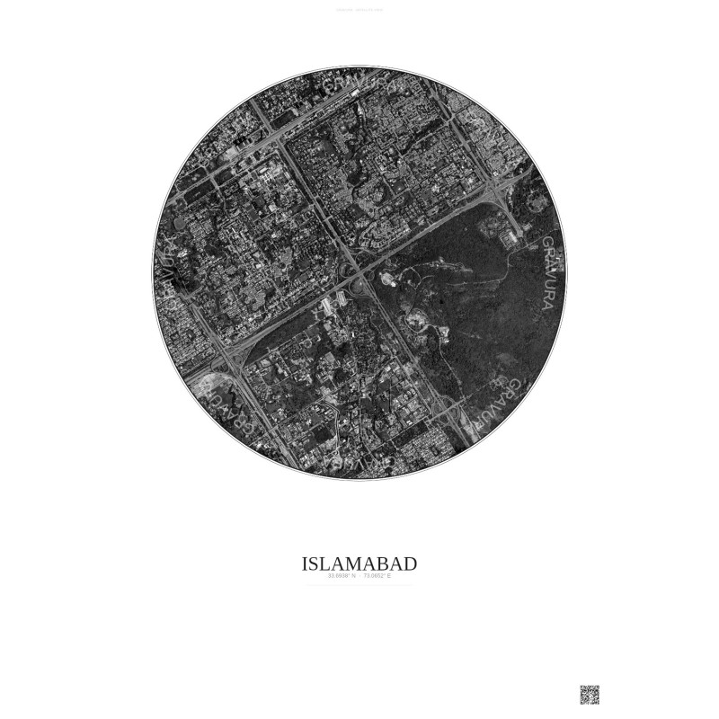 Affiche Islamabad – Poster vue satellite 2.5km N&B | Gravura – Fond clair