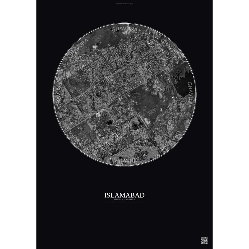 Affiche Islamabad – Poster vue satellite 6km N&B | Gravura – Fond foncé