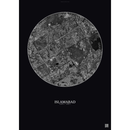 Affiche Islamabad – Poster vue satellite 6km N&B | Gravura – Fond foncé